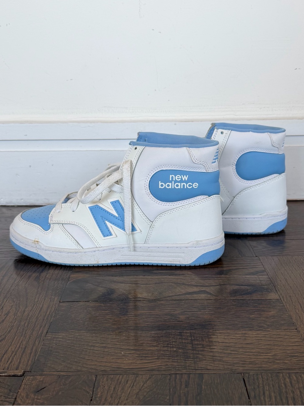New Balance White and Light Blue High-Top Athletic Sneakers